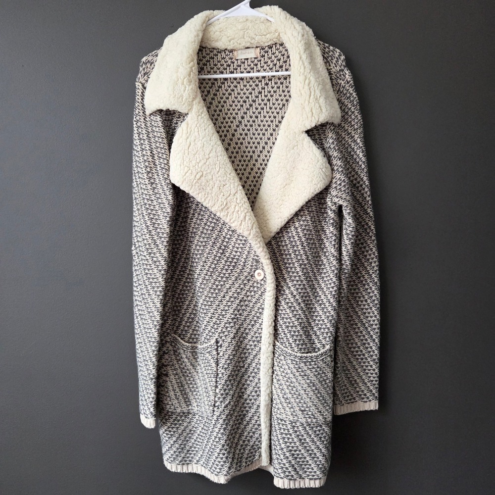 Altard State Knit Coat Sherpa Collar Geometric Button Front Women L Boho Cozy